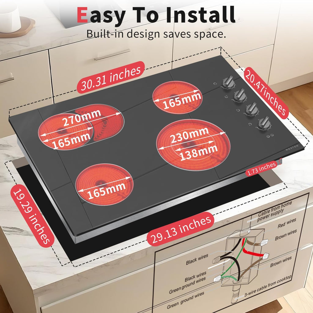 Noxton 4 Burner Electric Cooktop 30 Inch, Knob Control Ceramic Cooktop, 30' Radiant Electric Stove Top with Extended Zone, Hot Surface Indicator,9 Power Levels, 32Amps 220-240v Hard Wire(No Plug)