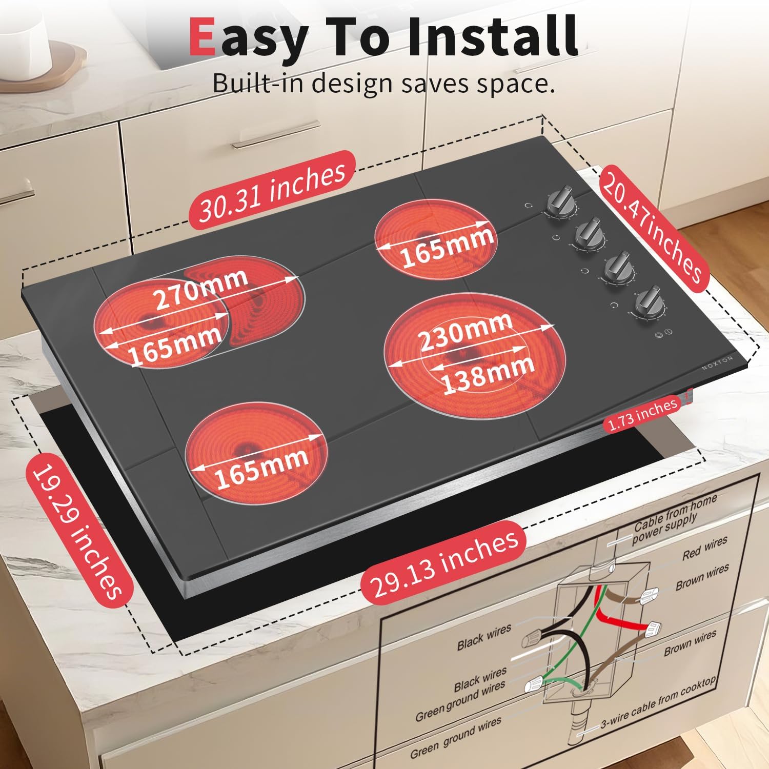 Noxton 4 Burner Electric Cooktop 30 Inch, Knob Control Ceramic Cooktop, 30' Radiant Electric Stove Top with Extended Zone, Hot Surface Indicator,9 Power Levels, 32Amps 220-240v Hard Wire(No Plug)