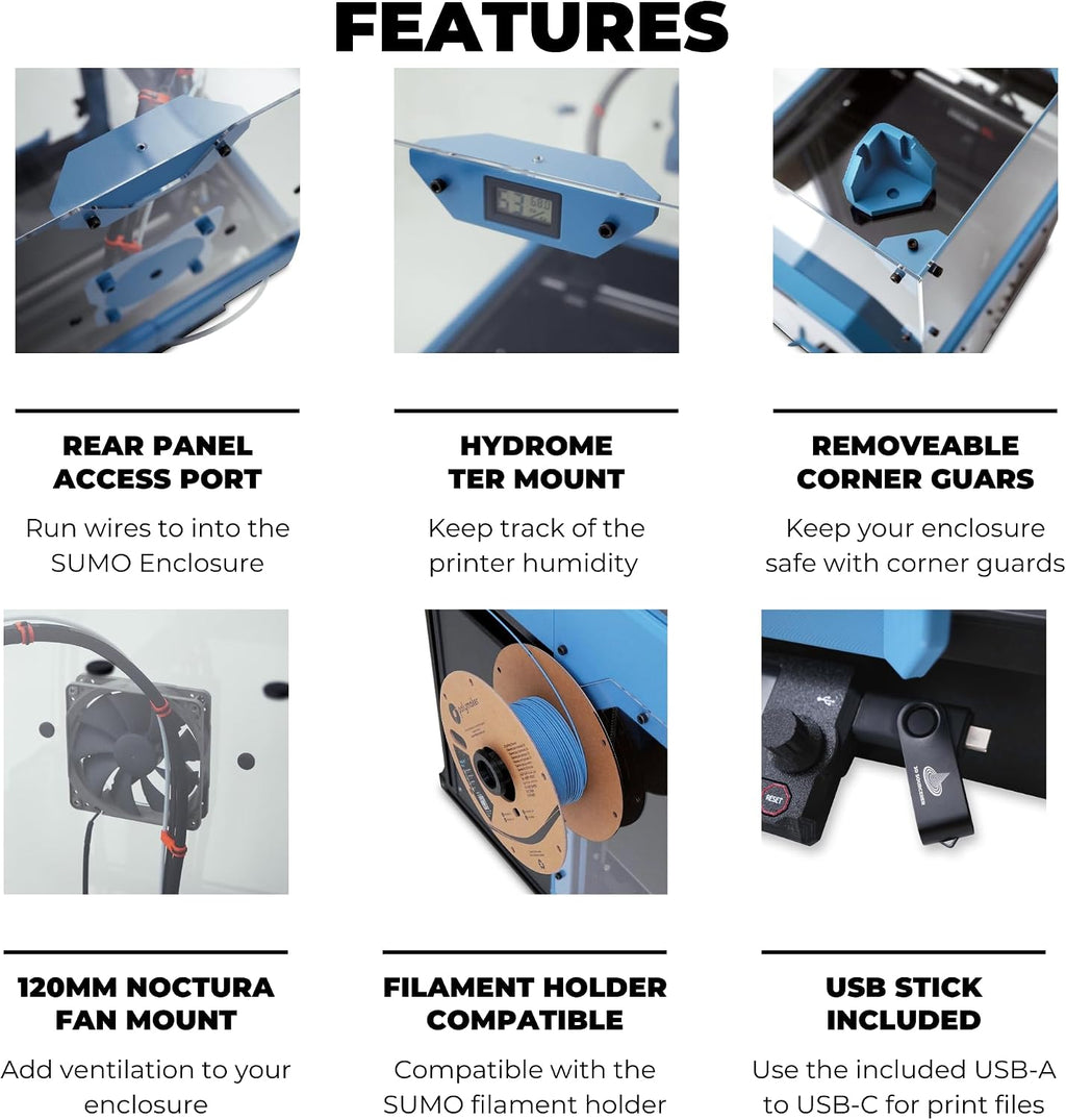 Sumo 3D Printer Enclosure Kit for The Prusa XL - Includes Plexiglass/Acrylic, Fasteners, Hex Rods, Magnets & Hygrometer (Tinted) - Printed Parts Not Included