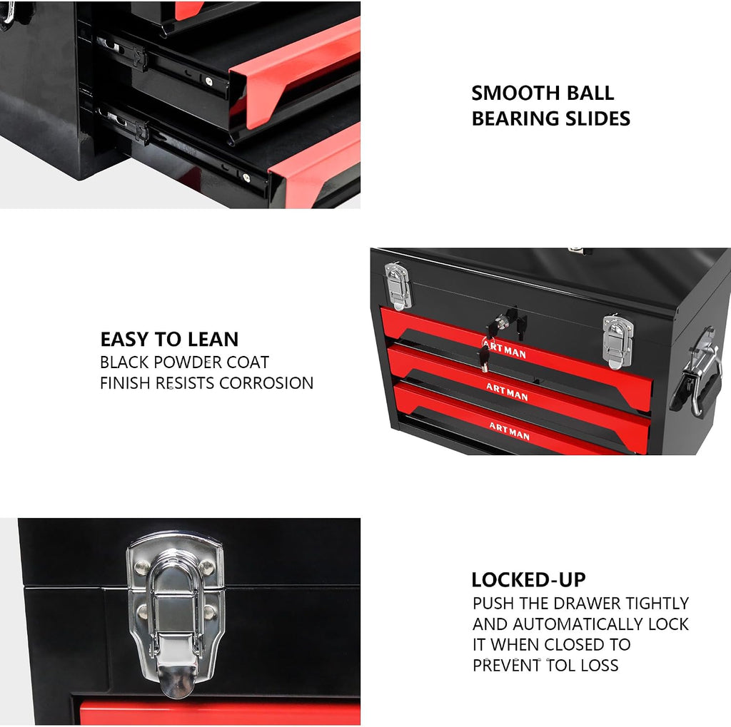3-Drawer Handheld Toolbox, 3 Drawer Heavy Duty Metal Organizer Box with Lock, Portable Tool Organizer Case for Auto Repair, Garage, Warehouse, Workshop, Repair Shop