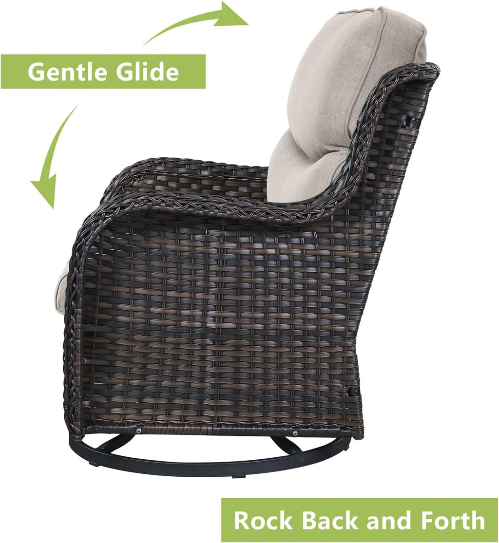 Rilyson Wicker Rocking Chair Swivel Chairs - 2 Piece Rocker Patio Chairs Set Rattan Rocking Chair for Outdoor Porch Deck Garden Backyard (Brown/Beige/Smile)