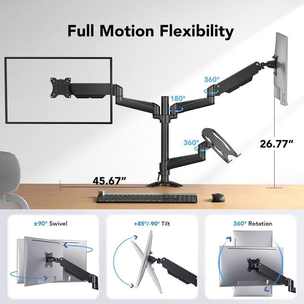 HUANUO Dual Monitor and Laptop Mount for Max 32' Monitor and 17' Laptop, Adjustable Arm with Tilt, Swivel and Rotation, Dual Monitor and Notebook Stand with VESA Bracket 75/100 mm