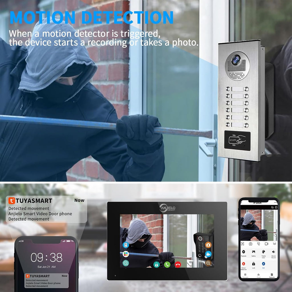 Wired Apartment Video Intercom System,1080P HD Video Doorbell, Compatible with 12 Units 7-inch Touchscreen,Supports Motion Detection,Two-Way Audio,Tuya Smart Home