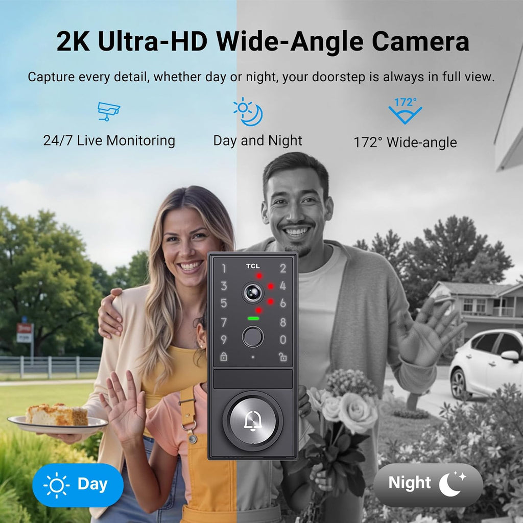 TCL Video Smart Door Lock D1 Max, 3-in-1 2K Camera+Doorbell+Fingerprint Door Lock, Built-in Wi-Fi Deadbolt for Front Door, Keyless Entry, Auto Lock, App Remote Control, Easy Installation (Black)