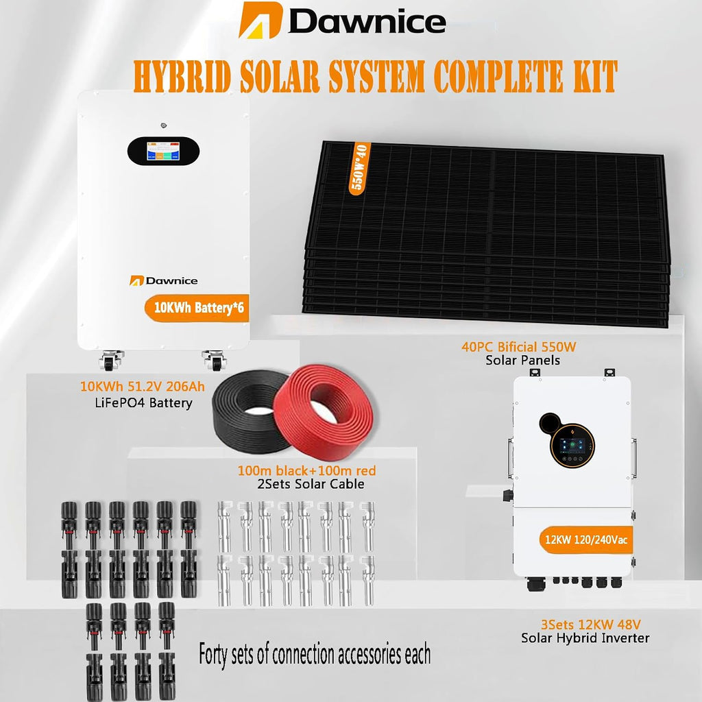 22000W Hybrid Solar System Complete Kit with 3Sets 12KW Solar Hybrid Inverter,6Sets 48V 206Ah 10KWh LiFePO4 Battery 40PCS Bificial 550W Solar Panels with MPPT Controller 120/240Vac