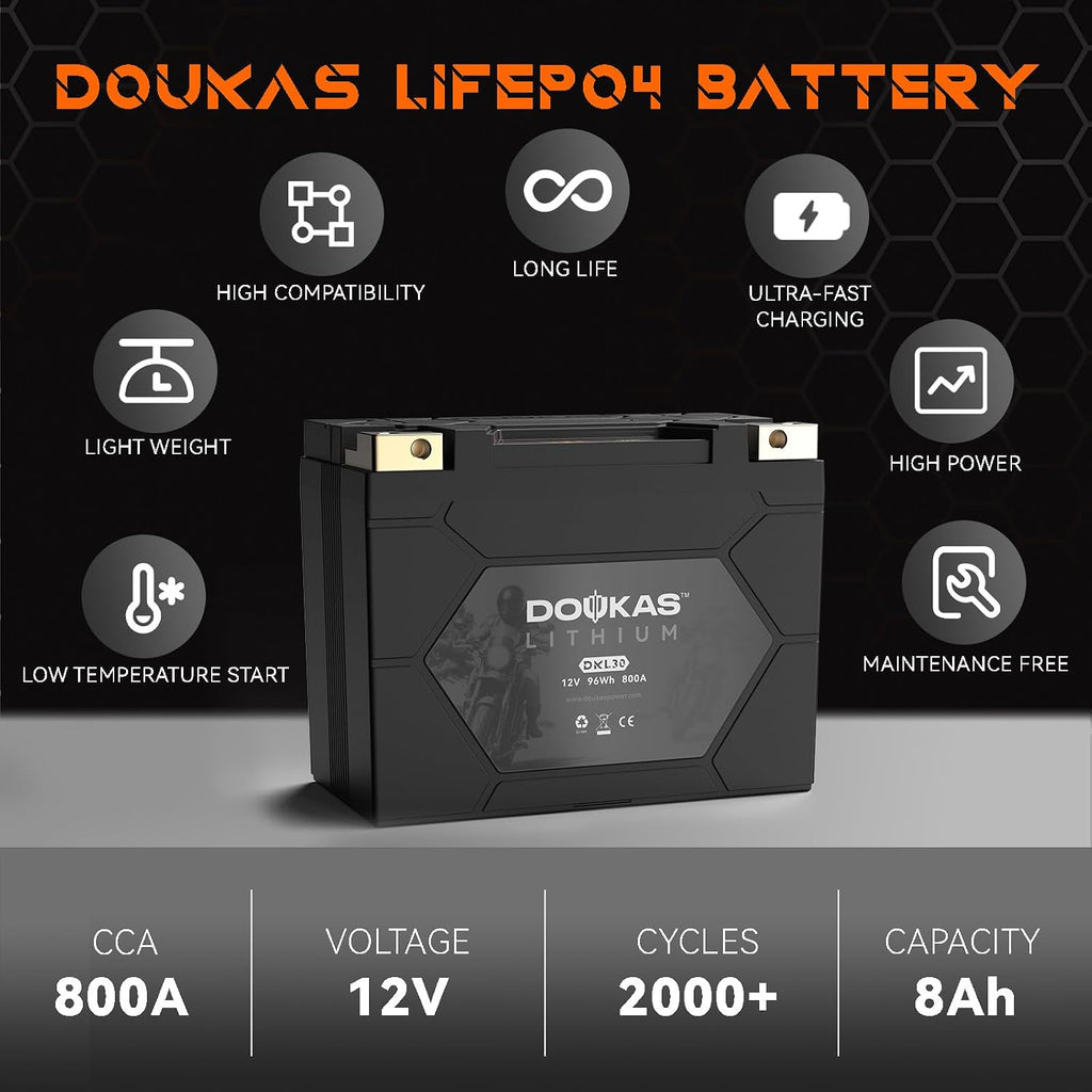 DKL30 YTX30L-BS 800A LiFePO4 Motorcycle Lithium Battery, 12V 8Ah Powersports Battery, Compatible Jet Ski, ATV, Lawn Mower, Scooter, Generator Battery, Snowmobile