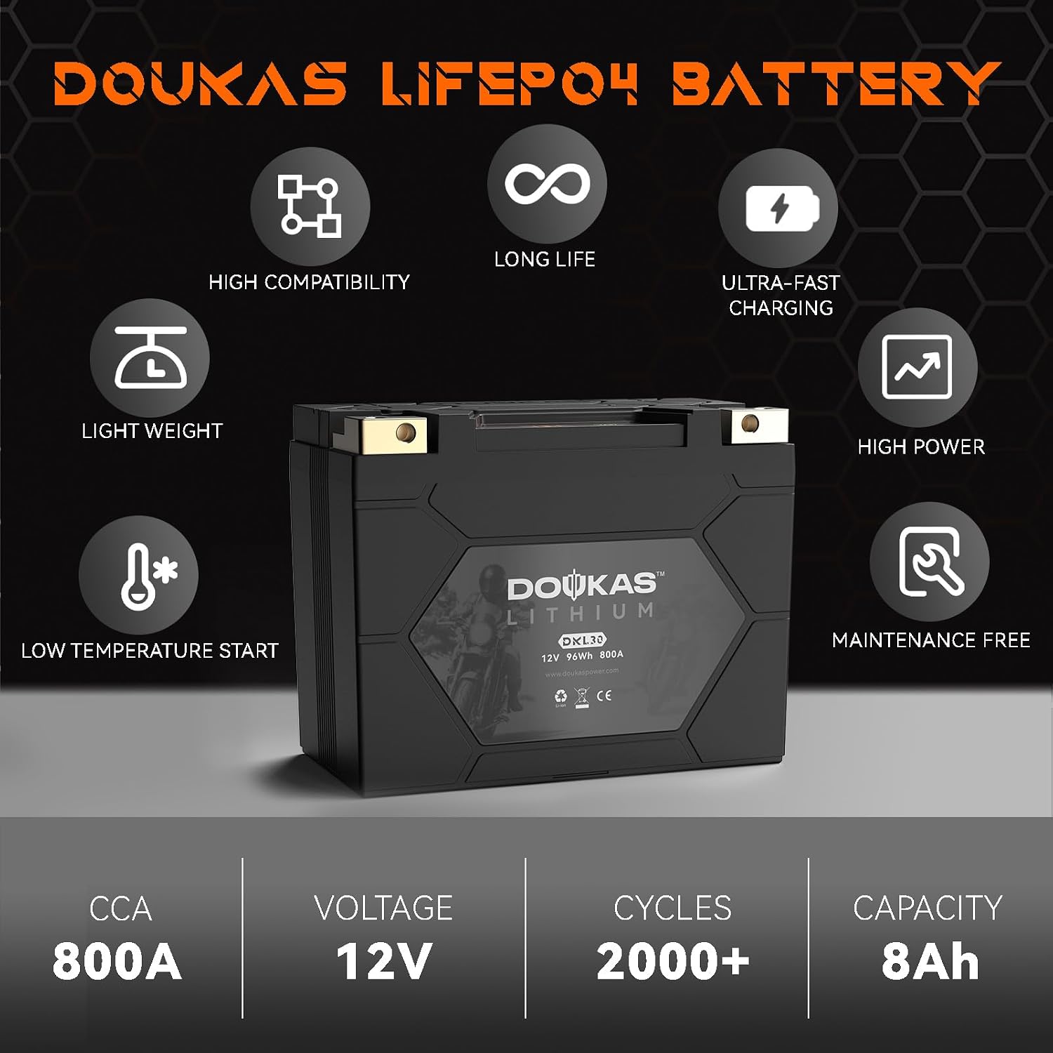 DKL30 YTX30L-BS 800A LiFePO4 Motorcycle Lithium Battery, 12V 8Ah Powersports Battery, Compatible Jet Ski, ATV, Lawn Mower, Scooter, Generator Battery, Snowmobile