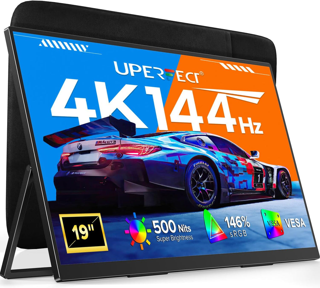 UPERFECT Portable Monitor 4K 144Hz QLED, 19' UHD 3840×2160, 500 Nits, 2000:1, 146% sRGB, 0.1ms, Built-in Stand & VESA Mount, Travel Gaming Monitor for Laptop, PC & Gaming Consoles - UColor 19 Apex