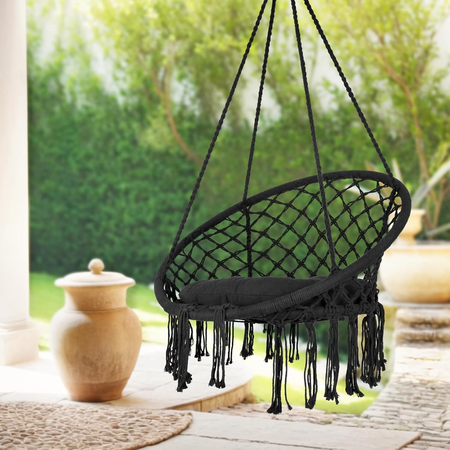 Hammock Chair, 330Lbs Swing Chair for Bedroom, Swing Chair with Comfy Cushion, Hanging Chair, for Bedroom, Porch, Adults, Balcony (Blcak 2PCS)