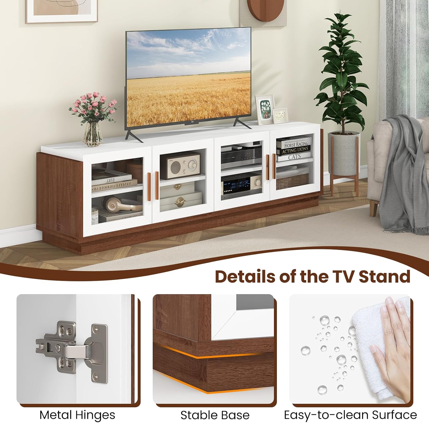 Giantex Large TV Stand for TVs up to 75', Entertainment Center with 4 Tempered Glass Doors, 2 Adjustable Shelf, 4 Cable Holes, Media Console, 70 x 16 x 20 Inches TV Cabinet for Bedroom, Living Room