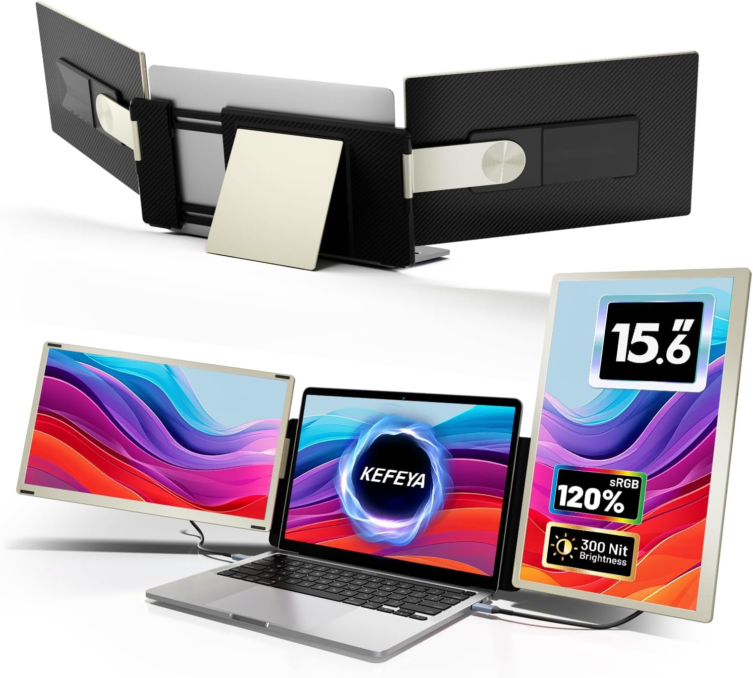 KEFEYA Laptop Screen Extender, 15.6' Portable Monitor for Laptop with 120% sRGB, FHD IPS & USB to HDMI Hub & 235° Rotation, Triple Monitor Extender Plug & Play Fits for All Laptops (Mac/Win/Android)