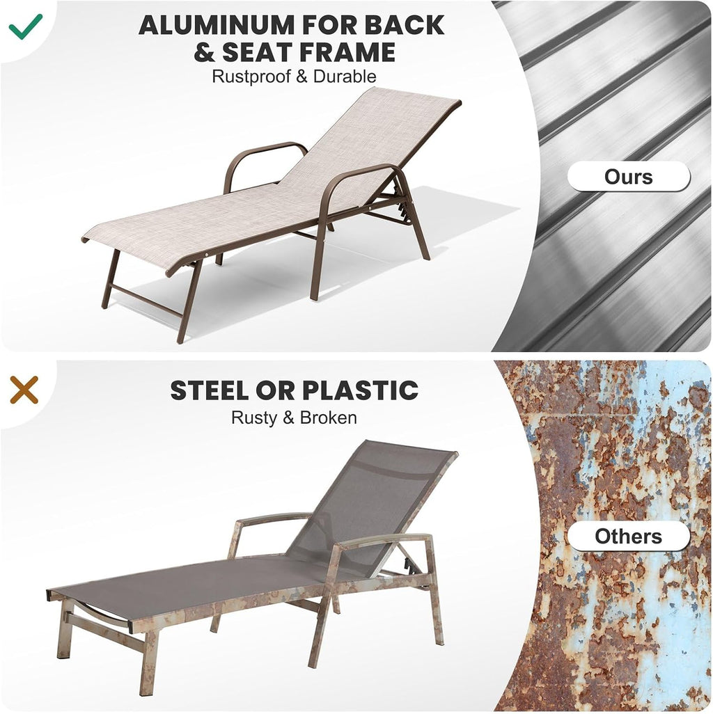 Crestlive Products Chaise Lounge Chair Outdoor with Armrests, Pool Lounge Chairs Set of 4, Aluminum Adjustable 5 Positions Sun Tanning Lounger for Patio, Poolside, Yard, Deck, Backyard (Beige)
