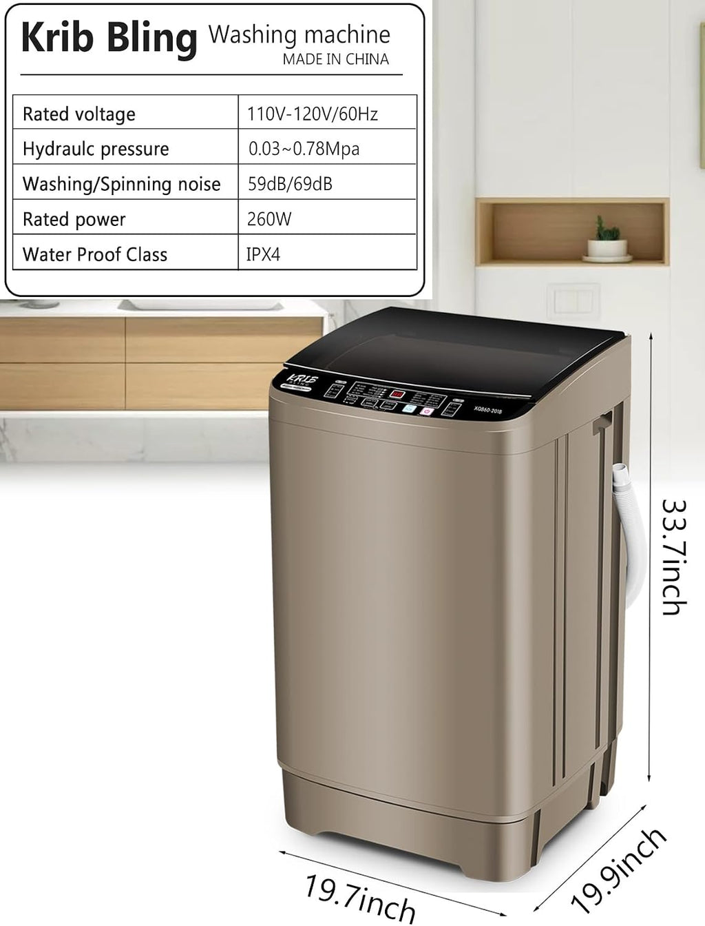 Krib Bling 17.7 lbs Full-Automatic Washing Machine with Drain Pump, Compact Washer, 10 Wash Program & 8 Water Level, Ideal for Apartment, Dorm, RV Gold
