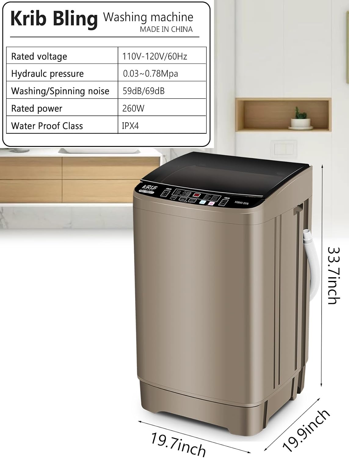 Krib Bling 17.7 lbs Full-Automatic Washing Machine with Drain Pump, Compact Washer, 10 Wash Program & 8 Water Level, Ideal for Apartment, Dorm, RV Gold
