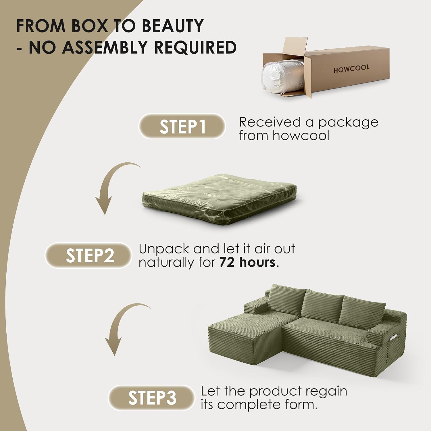 Modular Sectional Sofa Couches, 96' L-Shaped Cloud Boneless Couch with Left Chaise Lounge & Side Pockets for Living Room | No Assembly Required | Corduroy Fabric, Green