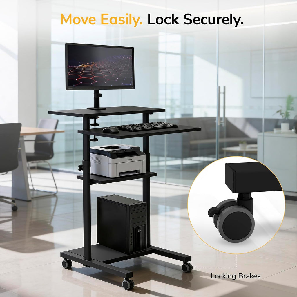 Mount-It! Mobile Computer Cart with Monitor Mount for Screen up to 32', Portable Desk on Wheels, Rolling Laptop Stand for Teachers, Office, Classroom, Rise up to 53', Podium, Keyboard Tray, Black