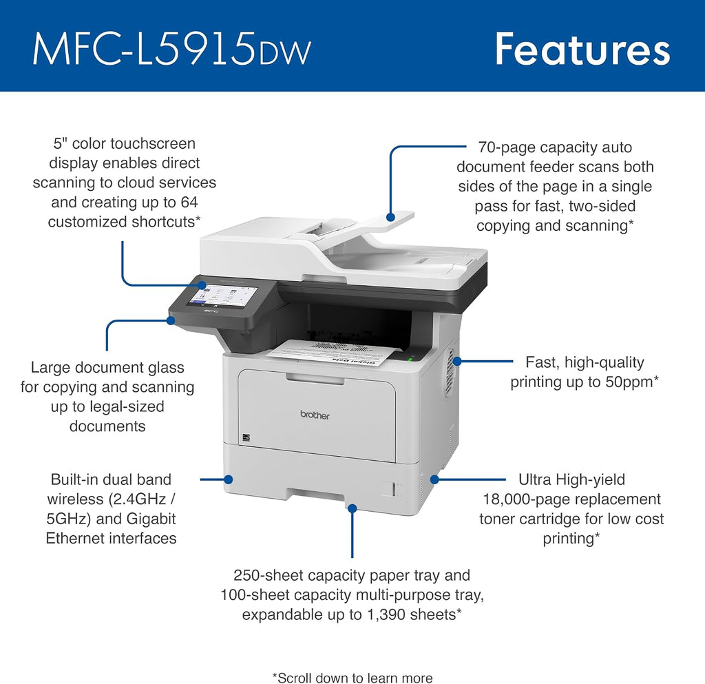 Brother Professional Laser Printer All-in-One with Scanner and Copier, High-Speed 50 ppm Monochrome Printing, Wireless Network Ready, Dual-Band WiFi, Auto 2-Sided Print (MFC-L5915DW)