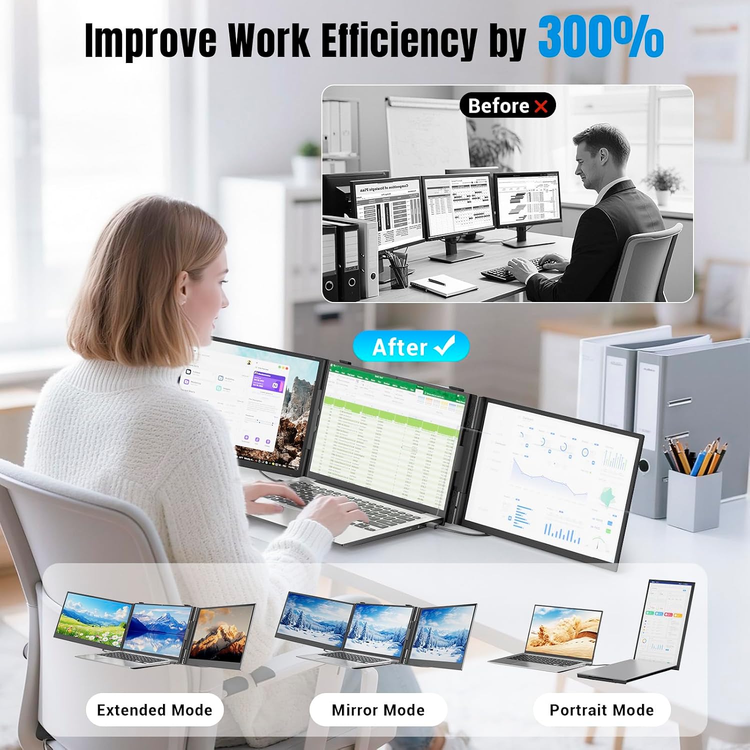 Laptop Screen Extender 0.17' Ultra-Thin, 14' 1080P FHD IPS Portable Monitor, Triple Screen Laptop Monitor Extender for 13'-17' Laptops, Plug & Play for Mac/Android/Chrome