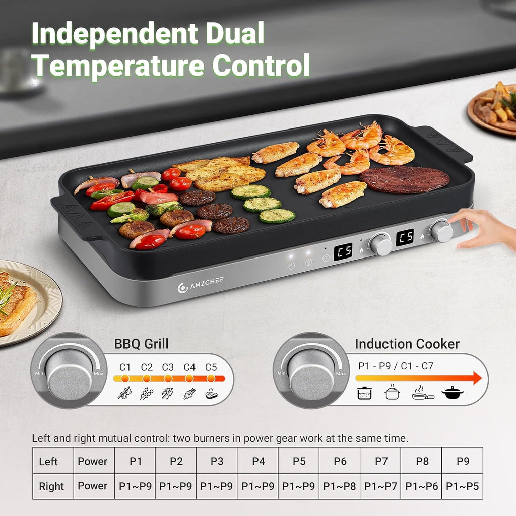 AMZCHEF Double Induction Cooktop with Removable Iron Cast Griddle & AMZCHEF Electric Induction Cooktop 2 Burners