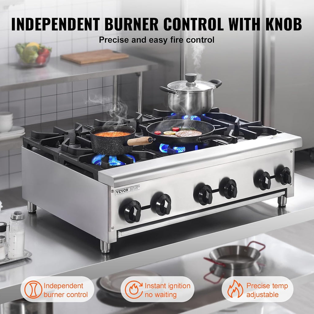 VEVOR Commercial Gas Stove with 6 Burners, Propane and Natural Gas Countertop Cooking Stove Range, Stainless Steel Gas Hot Plate, Commercial Cooking Equipment for Restaurant, 168,000 BTU