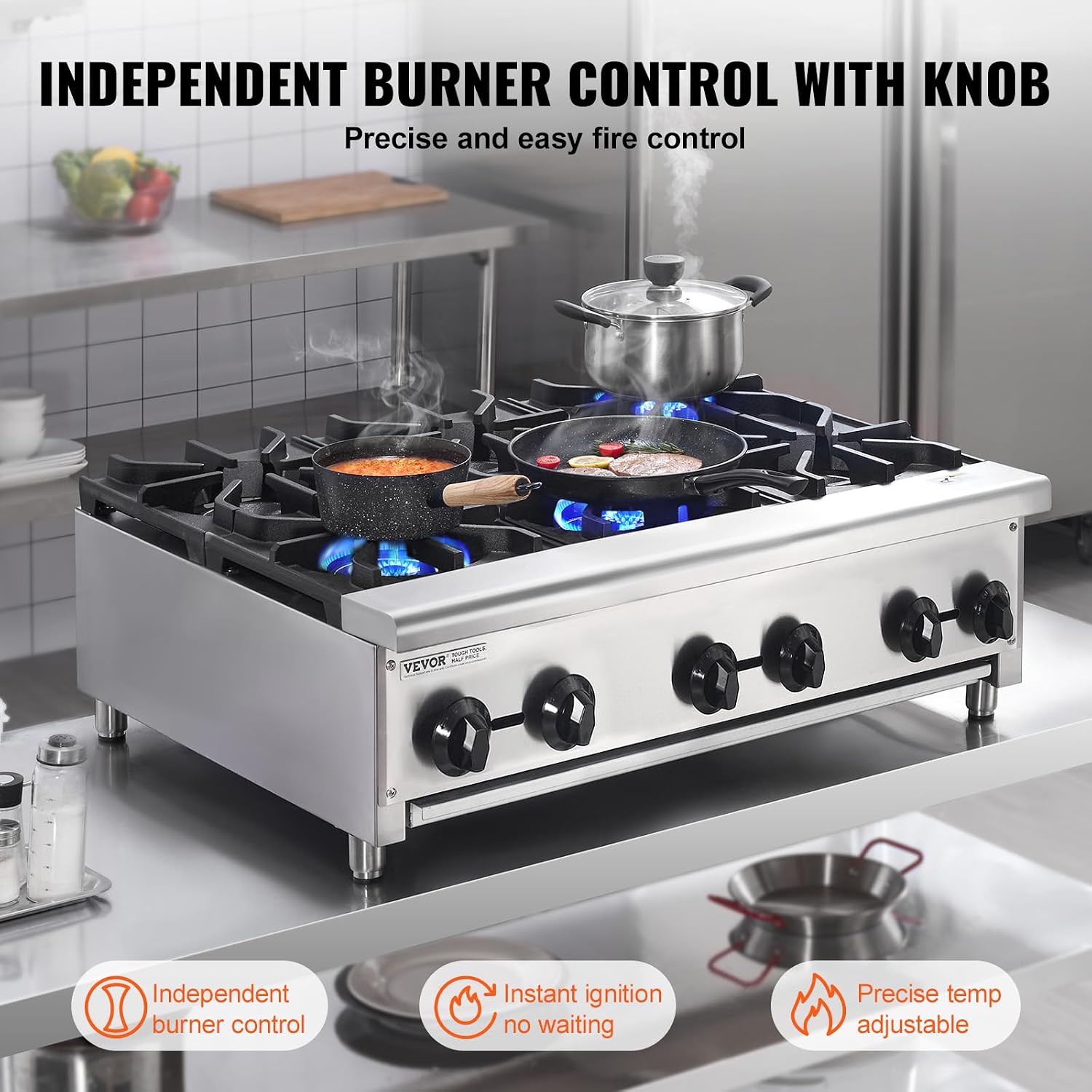 VEVOR Commercial Gas Stove with 6 Burners, Propane and Natural Gas Countertop Cooking Stove Range, Stainless Steel Gas Hot Plate, Commercial Cooking Equipment for Restaurant, 168,000 BTU