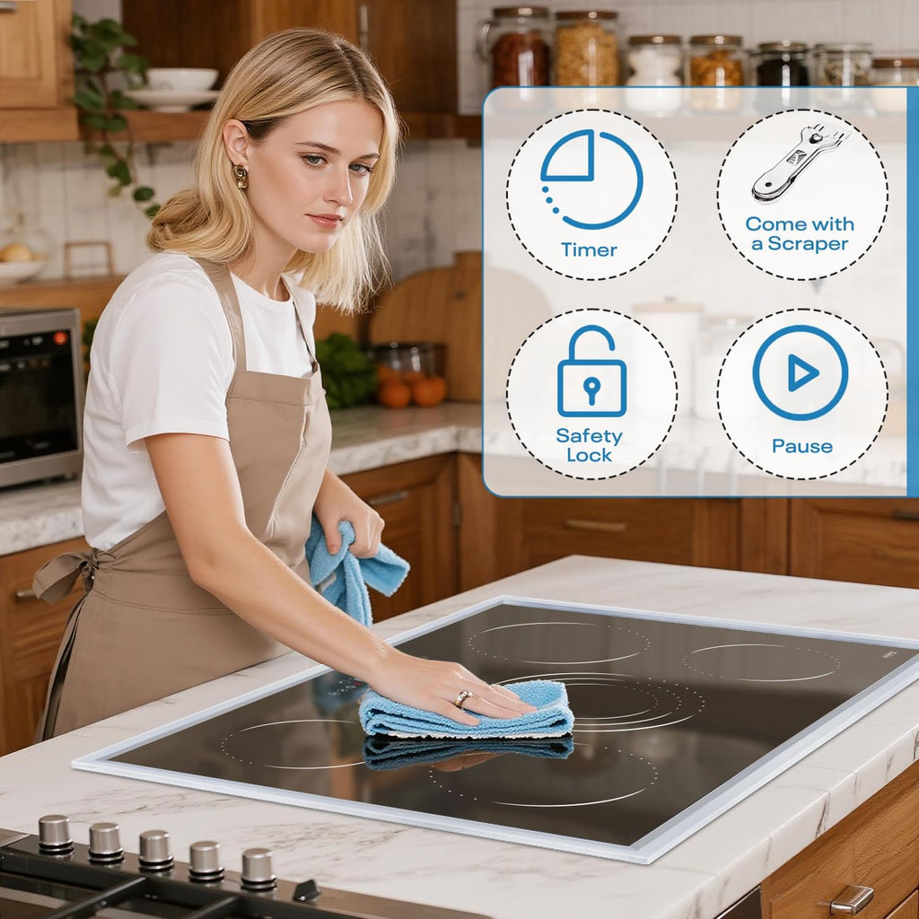 Hobsir 30 Inch Electric Cooktop, Electric Stove Top Burner, 5 Burner 30 Cooktop, Built-in Circular Slide Ceramic Stove with Glass Metal Frame, Timer, Safety Lock, 8700W, 220V-240V Hard Wire (No Plug)