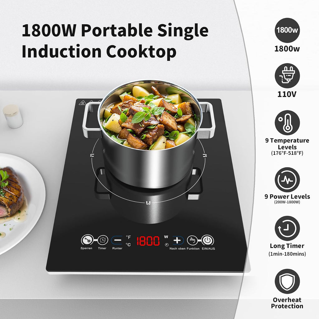 VBGK Portable Induction Cooktop With Ultra Thin Body, Low Noise Hot Plate With 1800W Sensor Touch Single Electric Cooktops Countertop Stove With 9 Temperature & Power Levels, 3-hour Timer, Safety Lock