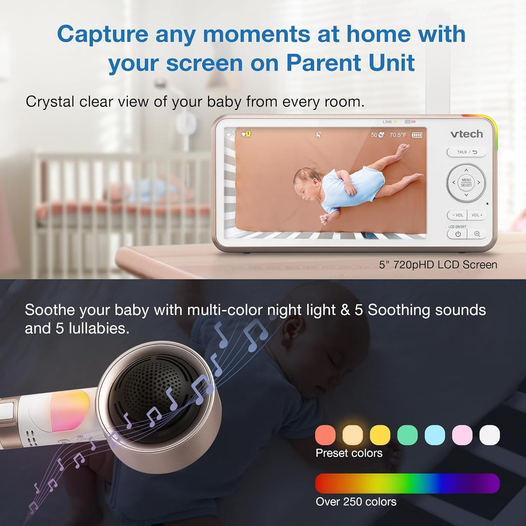 VTech V-Care VC2105 1080p FHD Over-The Crib Mount Smart Baby Monitor 5' 720p LCD Screen,Table Stand,Remote Access,Versatile Placement,Intelligence Detection, Sleep Analysis,18hrs Recording,with WiFi