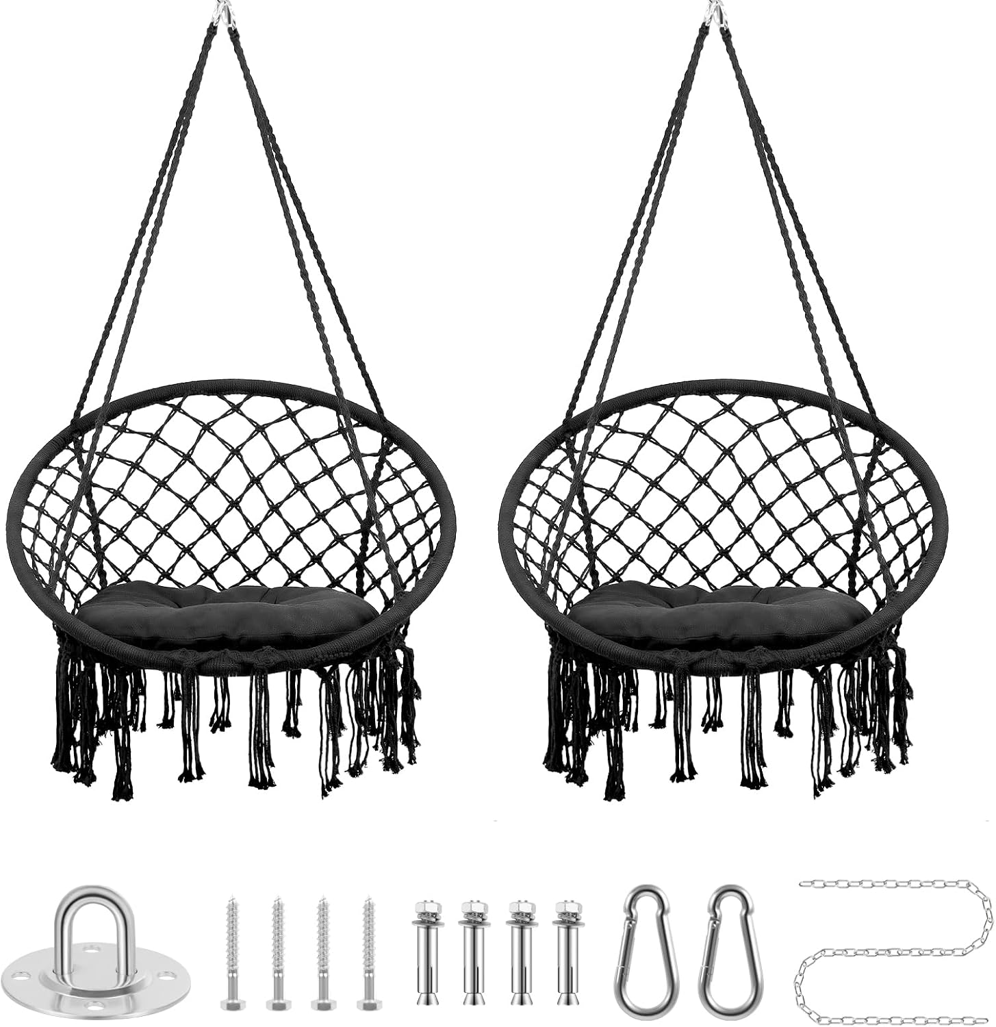Hammock Chair, 330Lbs Swing Chair for Bedroom, Swing Chair with Comfy Cushion, Hanging Chair, for Bedroom, Porch, Adults, Balcony (Blcak 2PCS)