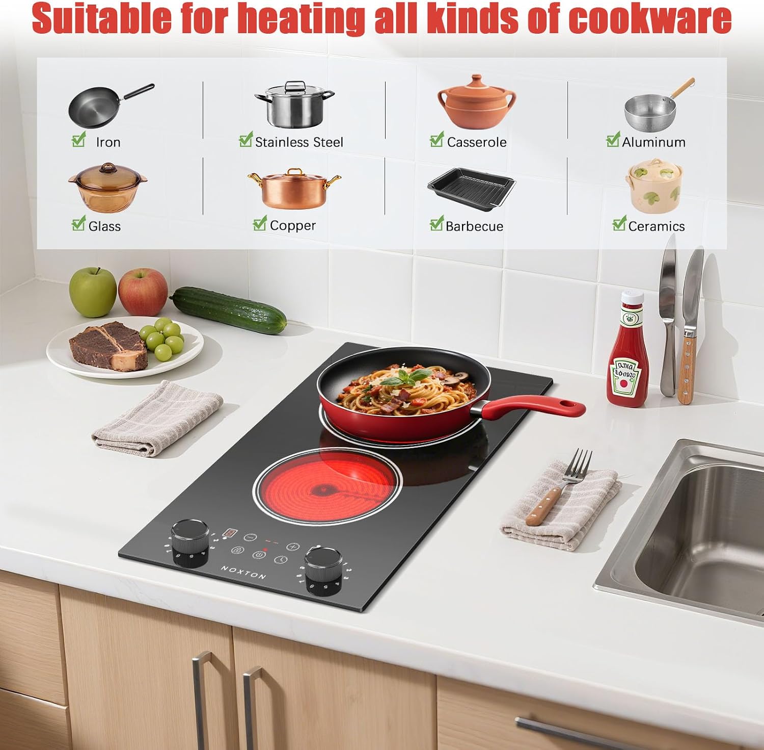 Noxton 2 Burners Electric Cooktop, 12 Inch 110V Radiant Ceramic Stove with Knob & Touch Control, 2000W Built-in or Countertop Electric Hot Plate, Timer, Child Lock, Residual Heat Indicator(BW)