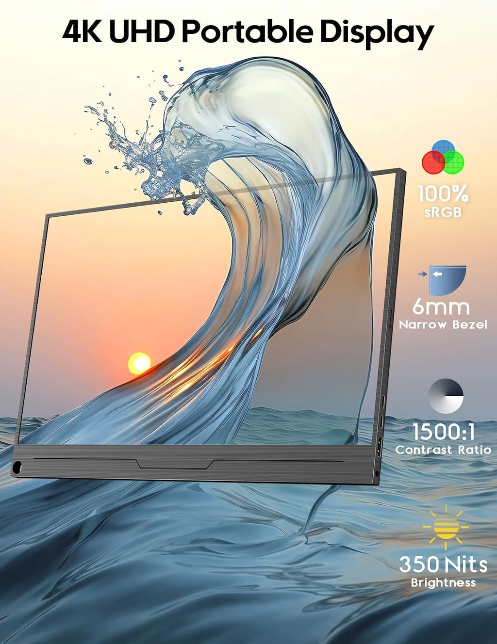 ZSCMALLS 4K Portable Monitor, 15.6' 3840 * 2160 Laptop Extended Monitor, 1500:1 100% sRGB USB-C HDMI Portable Gaming Monitor HDR Travel Monitor with Speakers & Smart for Laptop PS5/4 Xbox Switch