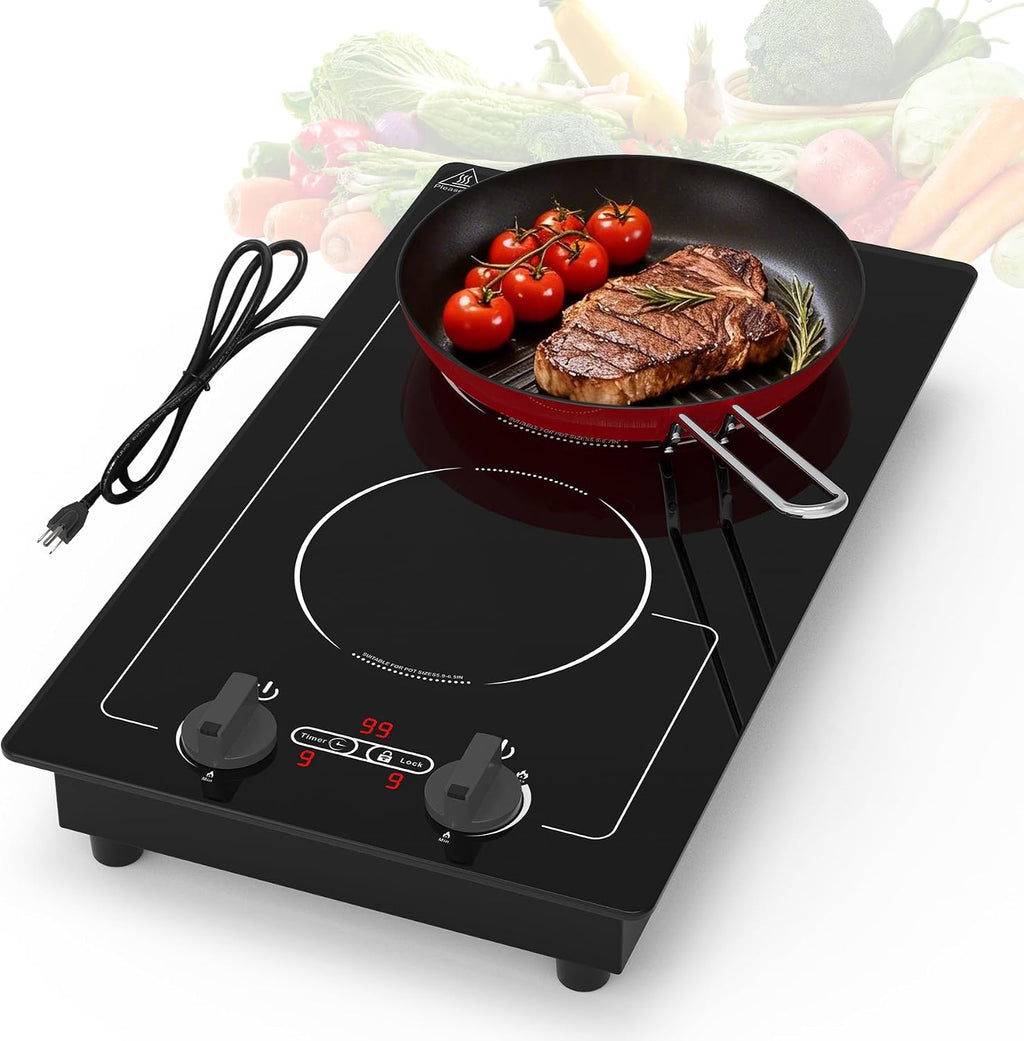 VBGK Induction Cooktop,110V 2300W 2 burner hot plate with Knob Control,9 Power Levels, Kids Lock & Timer,LED touch control,Overheat Protection Electric stove,2 burner induction cooktop