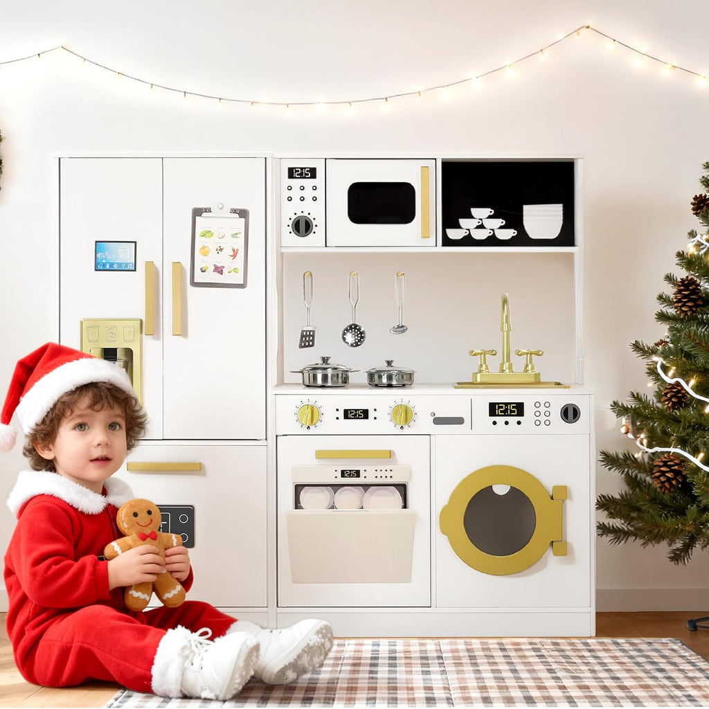 Kinder King Wooden Kids Play Kitchen, Toy Kitchen Playset for Toddler, Play Kitchen Set w/Transparent Coloring Board, Pretend Fridge, Washing Machine, Ice Maker, Gift for Boys Girls Age 3+, White