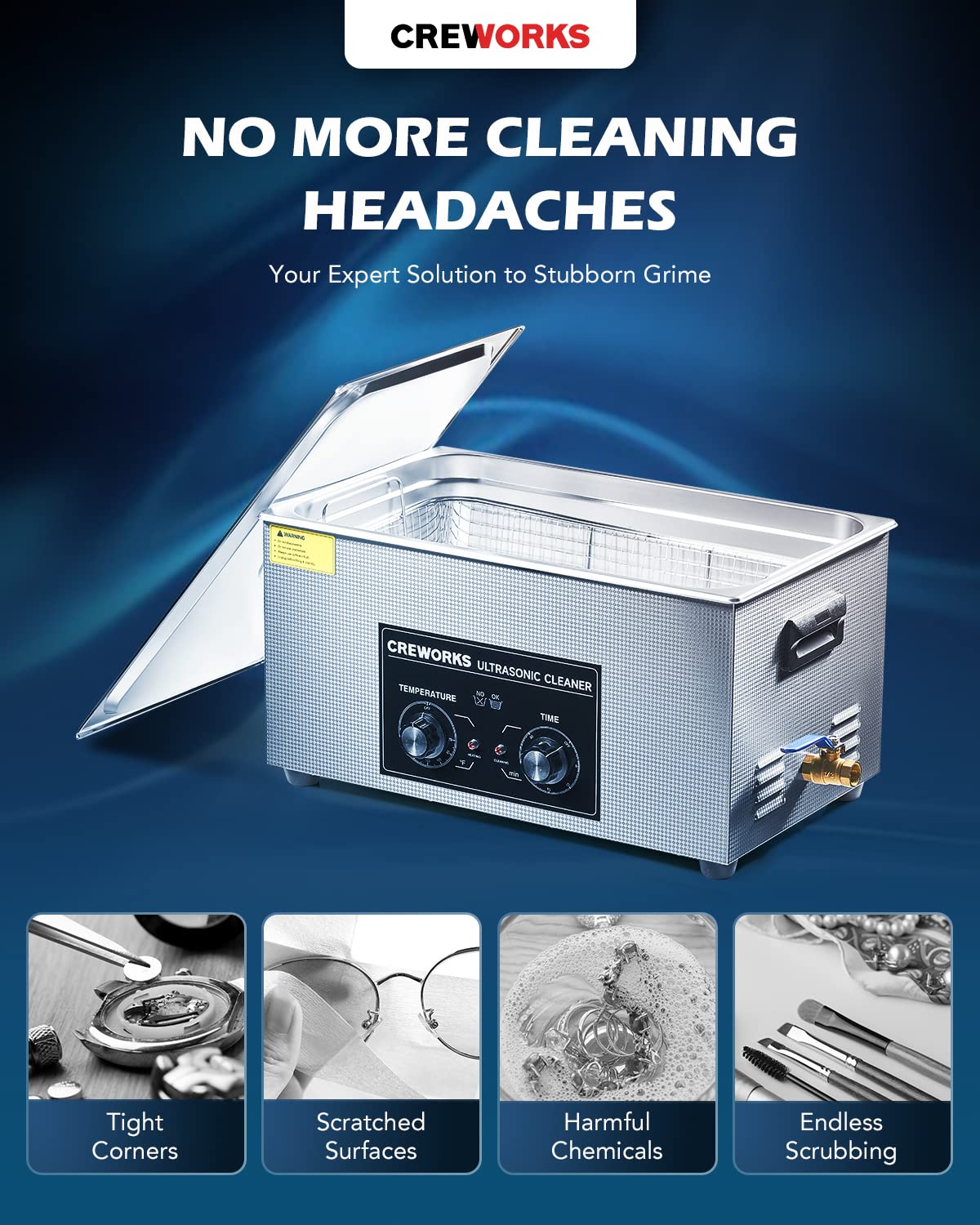CREWORKS Ultrasonic Cleaner with Heater and Timer, 480W 22L Professional Ultrasonic Cleaning Machine, 5.8 gal Stainless Steel Cleaner with Knobs for Tool Jewelry Watch Glasses and More