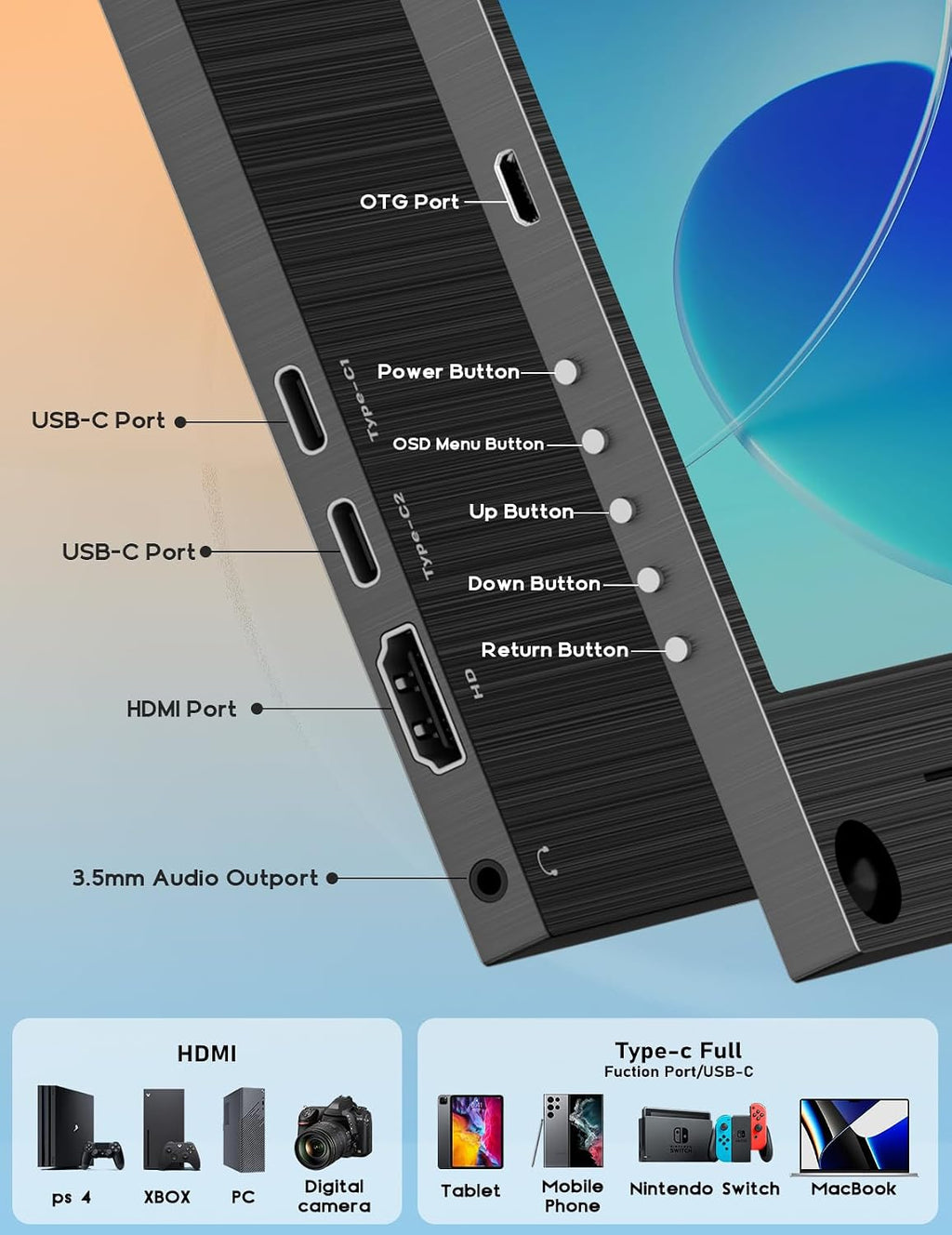 ZSCMALLS 4K Portable Monitor, 15.6' 3840 * 2160 Laptop Extended Monitor, 1500:1 100% sRGB USB-C HDMI Portable Gaming Monitor HDR Travel Monitor with Speakers & Smart for Laptop PS5/4 Xbox Switch