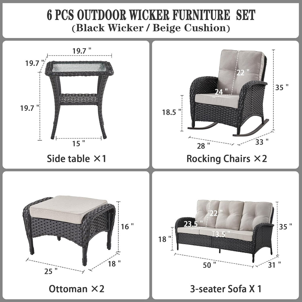 Belord Patio Rocking Chairs Furniture Set of 6, Outdoor Wicker Furniture Sets with Wicker Rocker, Small Patio Conversation Sets with Outdoor Couch Ottomans Black/Beige