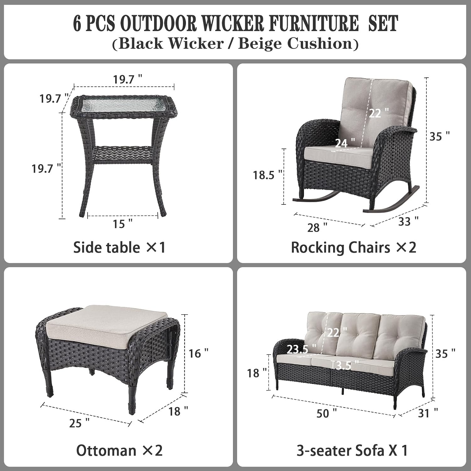 Belord Patio Rocking Chairs Furniture Set of 6, Outdoor Wicker Furniture Sets with Wicker Rocker, Small Patio Conversation Sets with Outdoor Couch Ottomans Black/Beige