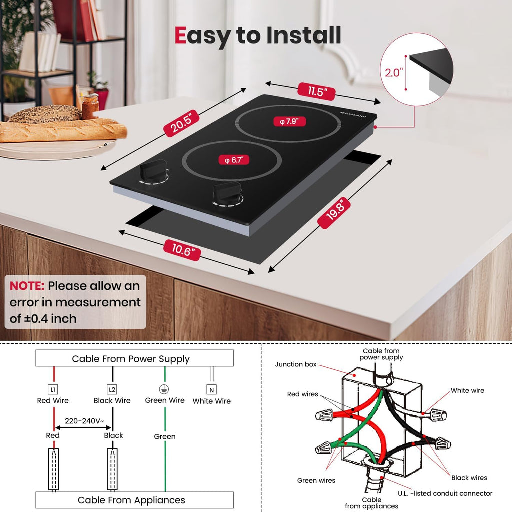 GASLAND 2 Burner Electric Cooktop 12 Inch, 3000W Built-in Radiant Stovetop Double Burner CH30BS, 220-240V Ceramic Cooktop with 7 Power Levels, Mechanical Knob Control, Hot Warning, Hardwired