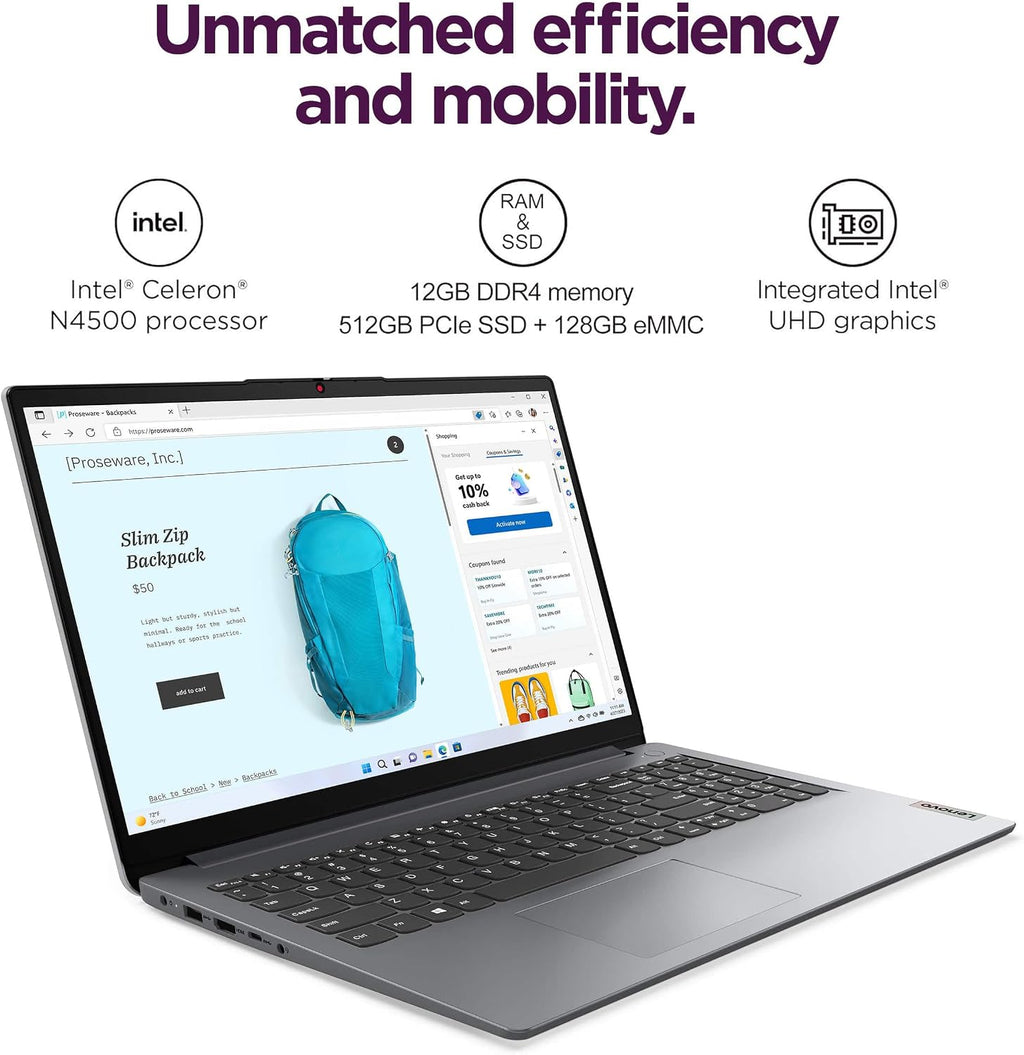 Lenovo IdeaPad 1i 15.6' HD Laptop (12GB RAM, 512GB PCIe SSD, 1-Year Microsoft Office 365, Intel Celeron N4500) for Student, Home, Business, Numeric Keypad, Webcam, HDMI, Wi-Fi 6, Win 11 Home in S Mode