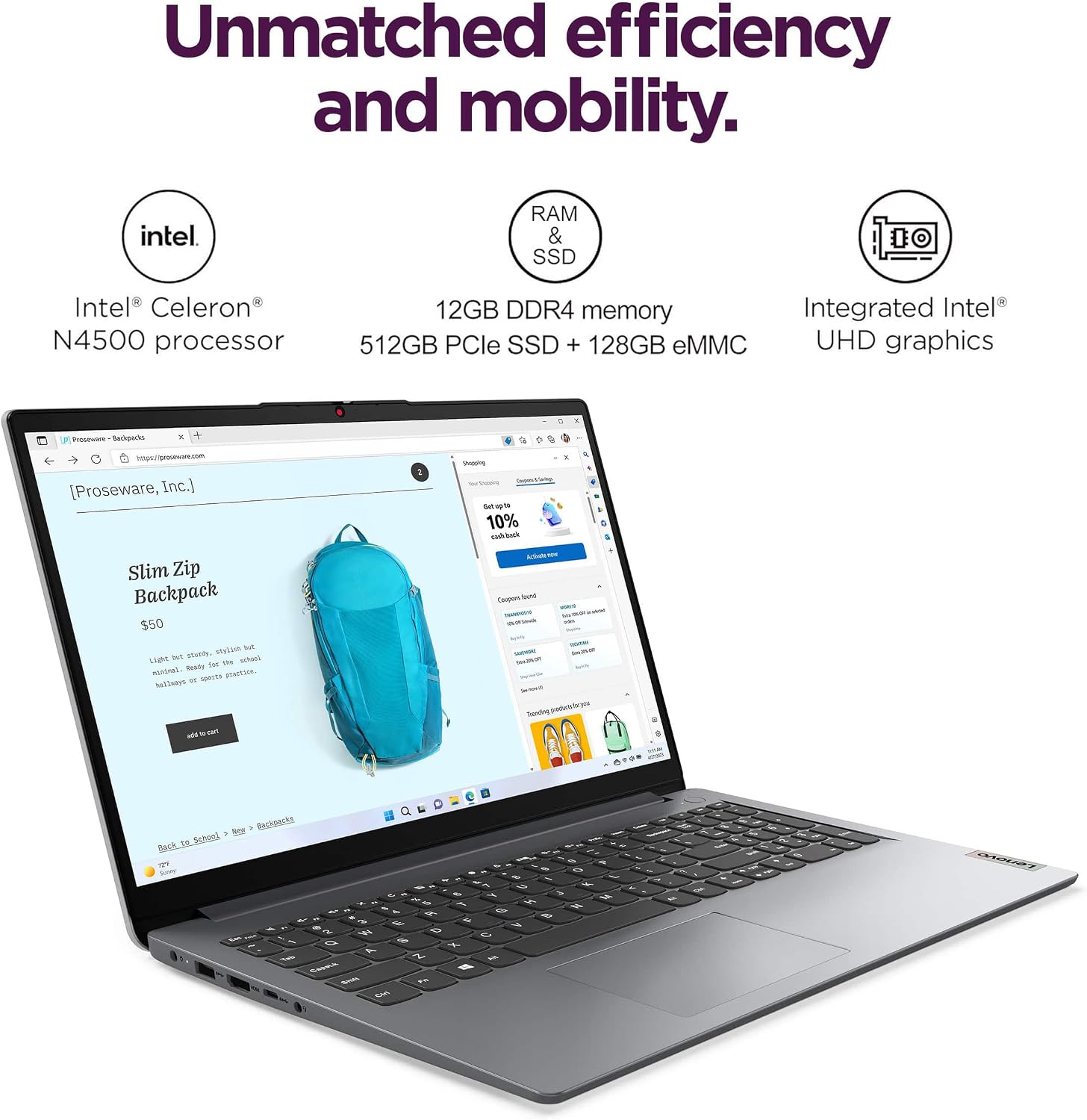 Lenovo IdeaPad 1i 15.6' HD Laptop (12GB RAM, 512GB PCIe SSD, 1-Year Microsoft Office 365, Intel Celeron N4500) for Student, Home, Business, Numeric Keypad, Webcam, HDMI, Wi-Fi 6, Win 11 Home in S Mode