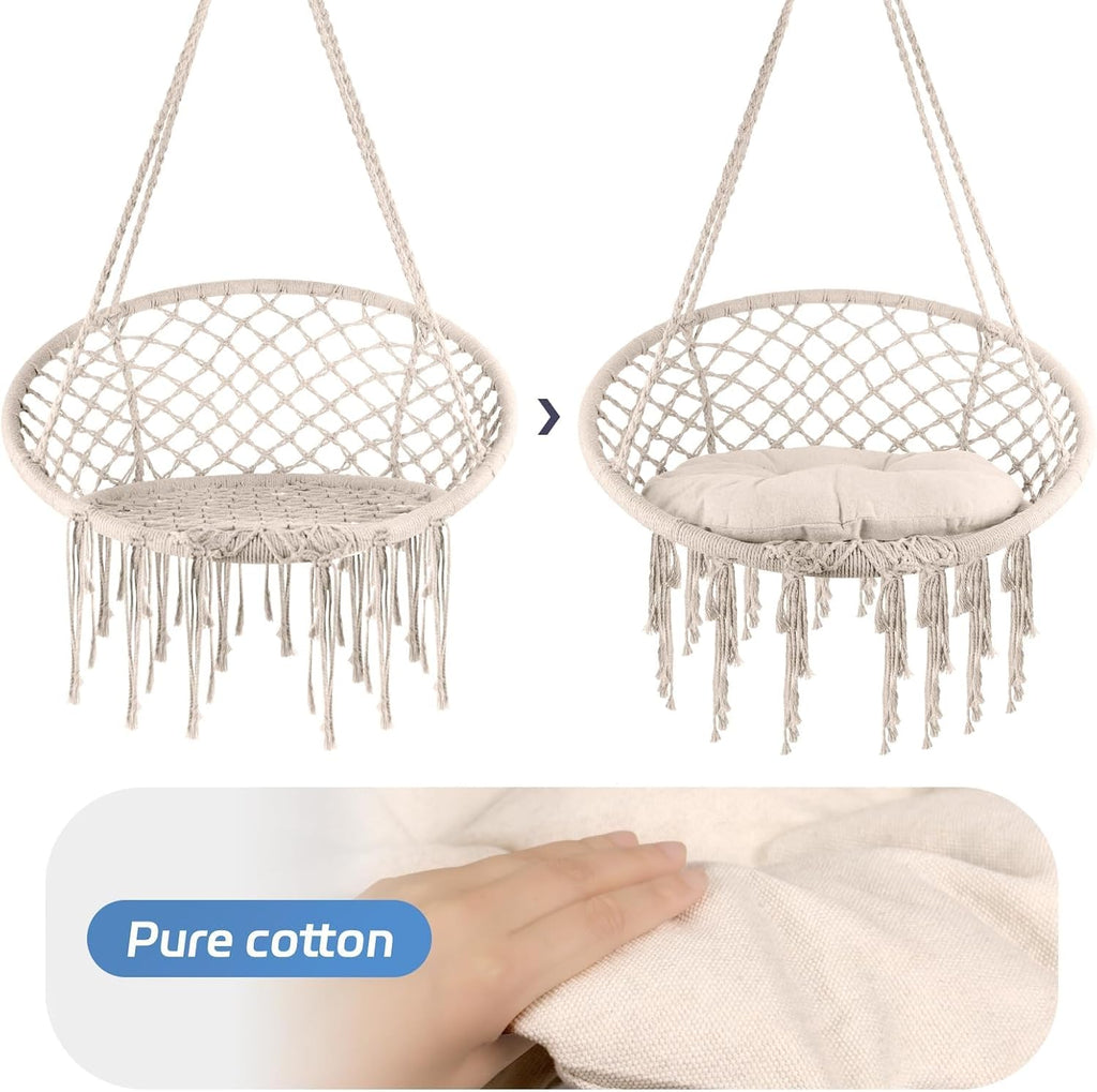 Hammock Chair, 330Lbs Swing Chair for Bedroom, Swing Chair with Comfy Cushion, Hanging Chair, for Bedroom, Porch, Adults, Balcony (Beige 2PCS)
