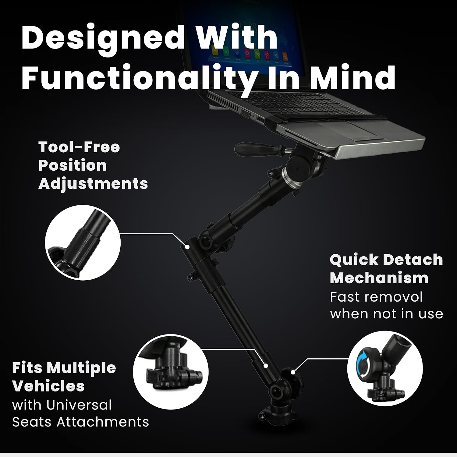 Mount-It! Car Laptop Mount, No-Drill Passenger Seat Laptop Stand for 12–15.4 Inch Laptops up to 9 lbs, Height Adjustable Full Motion Vehicle Laptop Mount