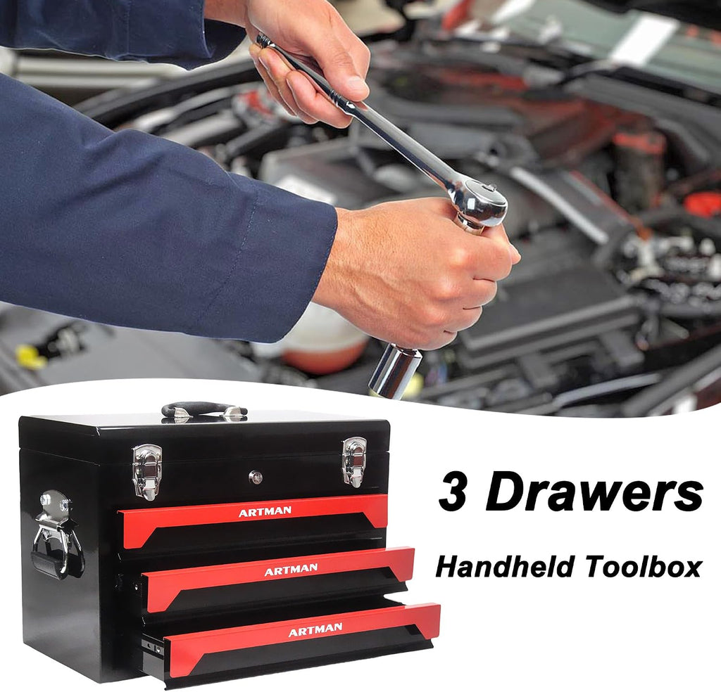 3-Drawer Handheld Toolbox, 3 Drawer Heavy Duty Metal Organizer Box with Lock, Portable Tool Organizer Case for Auto Repair, Garage, Warehouse, Workshop, Repair Shop