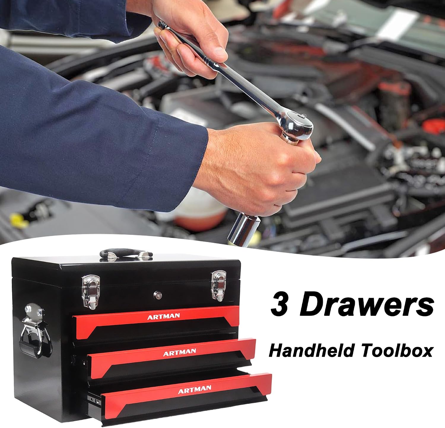 3-Drawer Handheld Toolbox, 3 Drawer Heavy Duty Metal Organizer Box with Lock, Portable Tool Organizer Case for Auto Repair, Garage, Warehouse, Workshop, Repair Shop