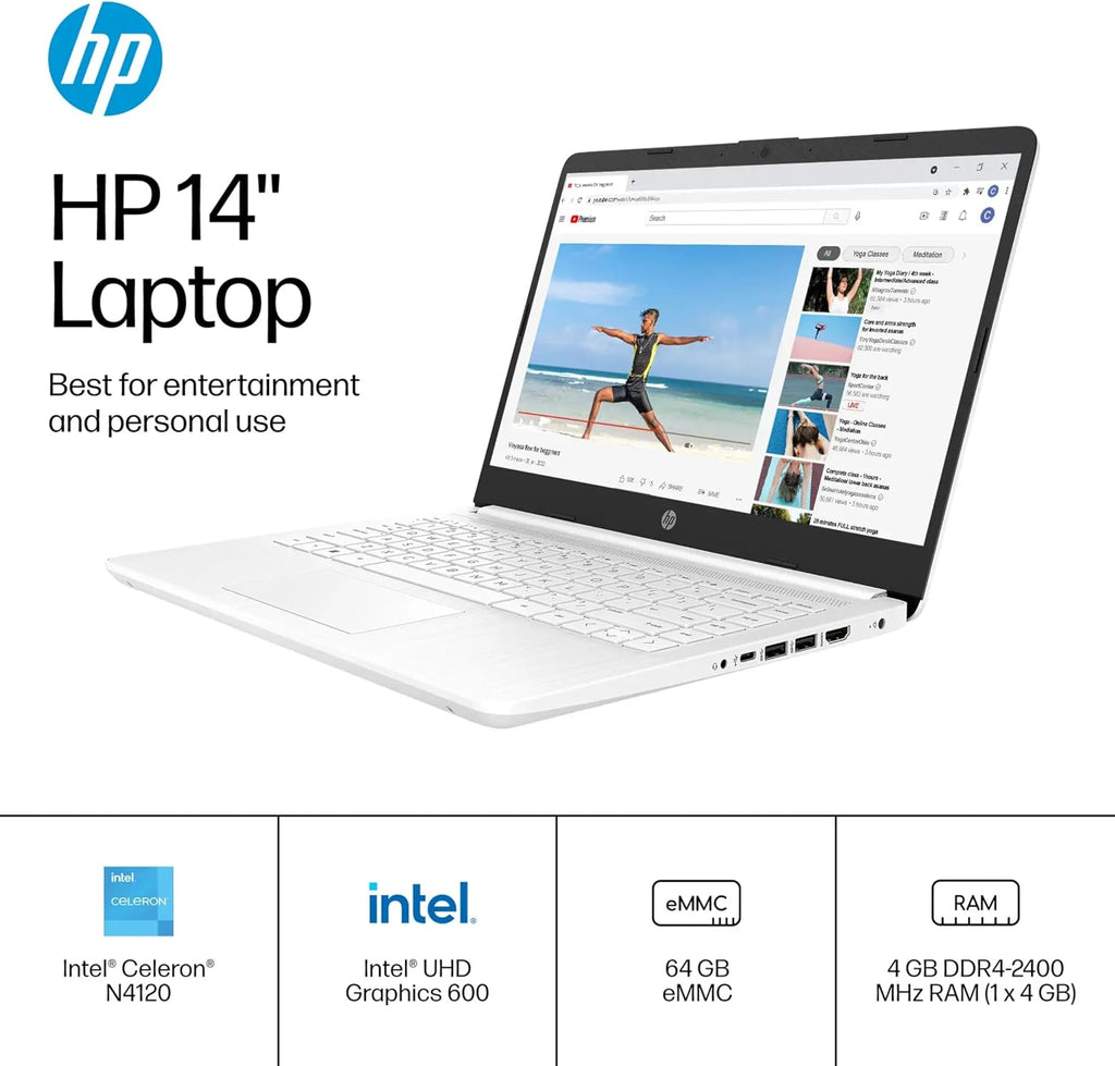 HP 14' Ultra Light Laptop for Student & Home (Intel Quad-Core N4120, 4GB RAM, 192GB(64GB + 128GB SD), 1-Year Office 365) 11-Hr Long Battery Life, Webcam, WiFi, Win 11 Home in S Mode - Snow White