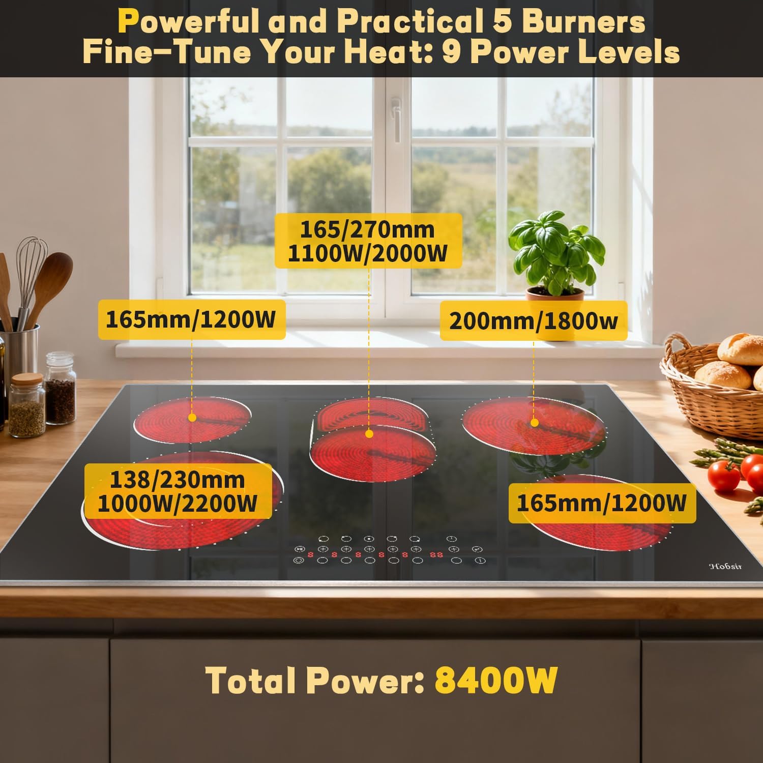 Hobsir 30 Inch Electric Cooktop, 5 Burners Cooktop, Electric Stove Top Burner, 8400W Drop-in Ceramic Stove Cooktops with Glass Metal Frame, Timer, Safety Lock, 220-240V, Hard Wired (No Plug) Cooktops
