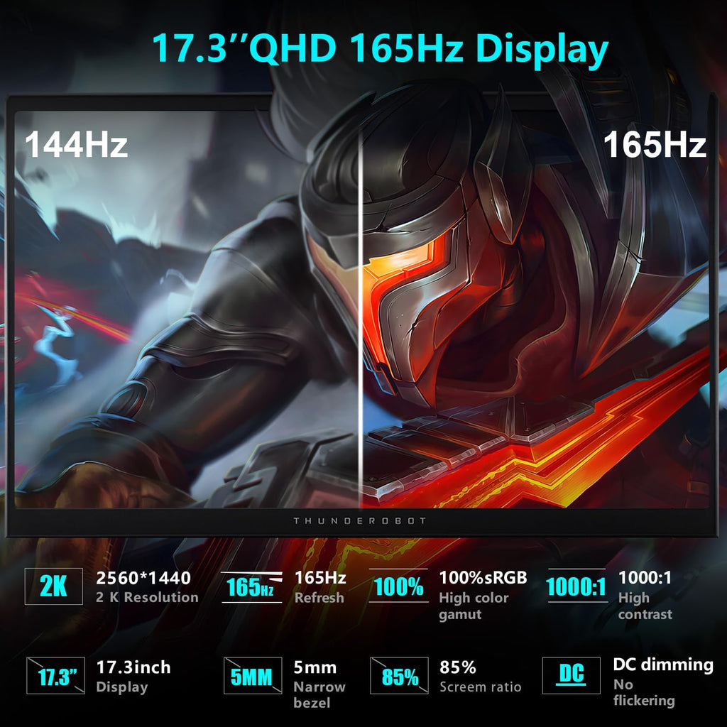 Thunderobot Storm 17 5060 17 inch Gaming Laptop, 17.3' QHD 165Hz 2K Display, Core i7-13620H, GeForce RTX 5060, 16GB DDR5 RAM, 1TB SSD, HDMI, Type-C, RGB Backlit Keyboard, Wi-Fi 6, Win 11 Home