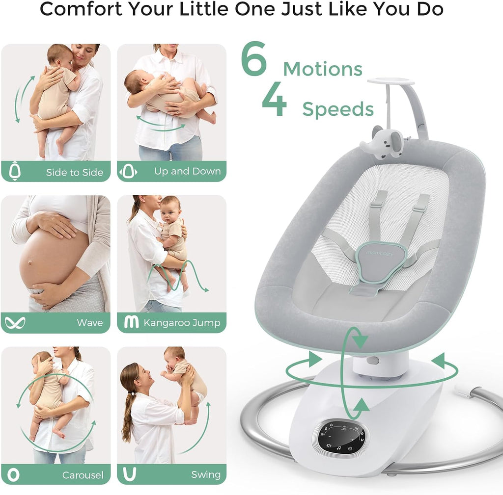 Momcozy CocoSway Electric Baby Swing for Infant, 180° Rotating Seat, 6 Parent-Like Sway Motions & 4 Speeds, Remote Control, Machine-Washable Cover, Grey