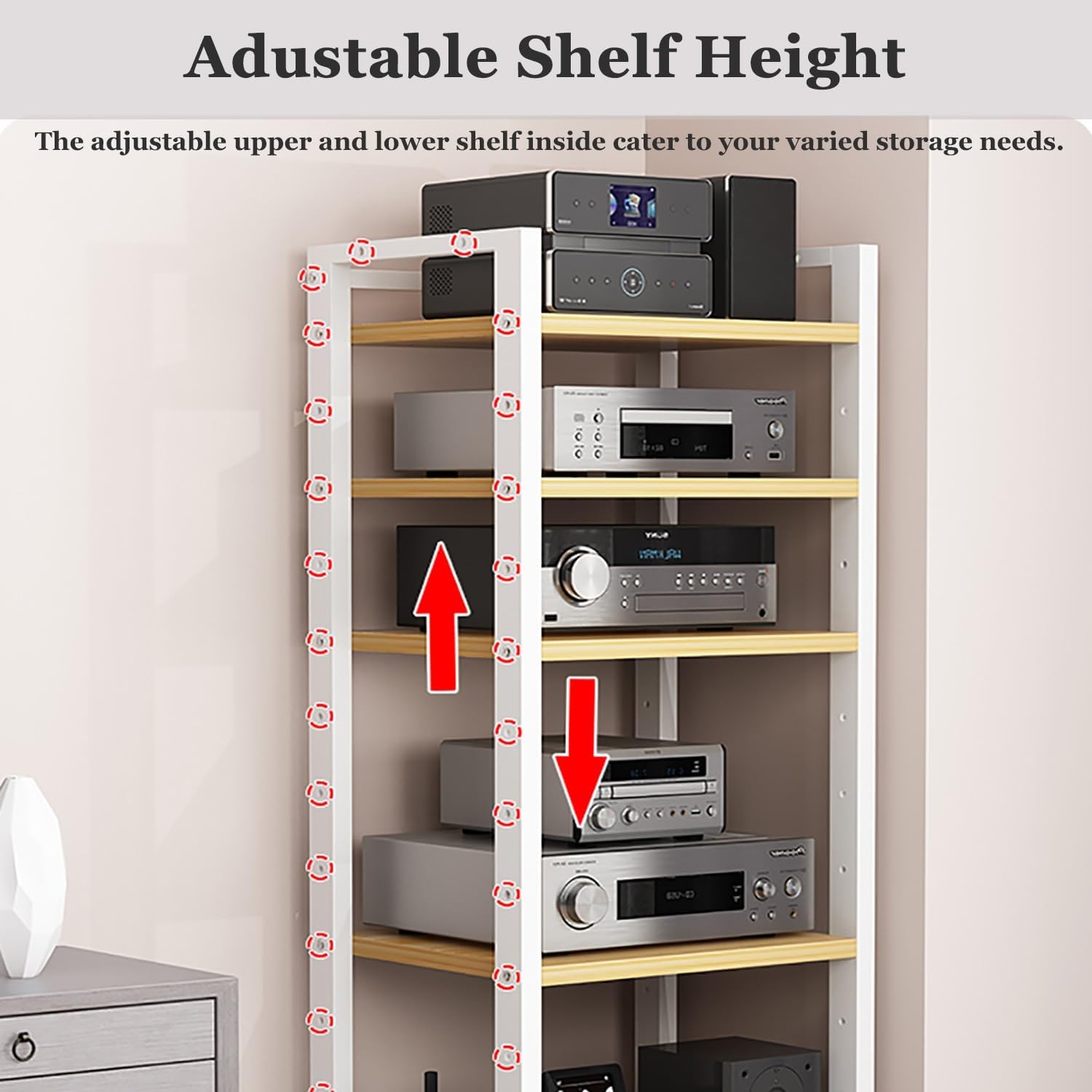 5 6 7 Tier AV Media Cabinet Stand, 4.6FT Tall Audio Tower Rack, Corner TV Stand with Adjustable Shelf, Modern Stereo Racks and Stands for Living, Gaming, Recording Room(Black-1,6 Tier)