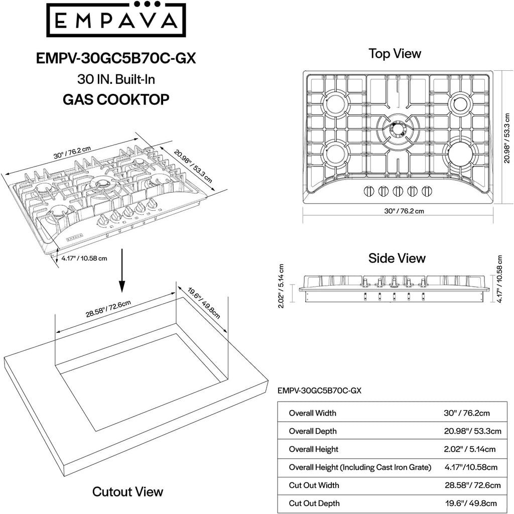 Empava 30' Built-in Gas Cooktop in Stainless Steel with 5 Burners 30XGC5B70C